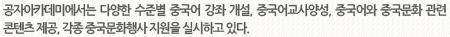 공자아카데미에서는 다양한 수준별 중국어 강좌 개설, 중국어교사양성, 중국어와 중국문화 관련 콘텐츠 제공, 각종 중국문화행사 지원을 실시하고 있다. 